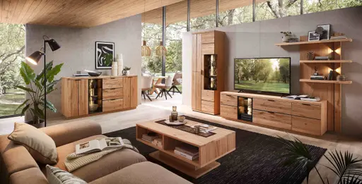 Wohnwand - mit Beleuchtung, Wildeiche teilmassiv