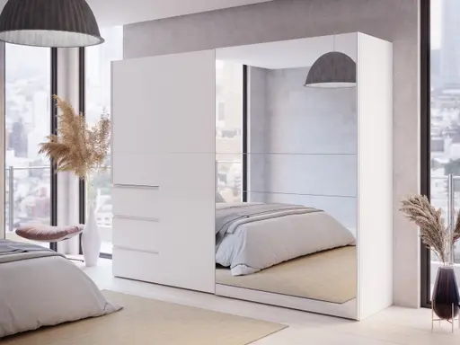 Schwebetürenschrank FJOLLA- B ca. 250 cm, Weiß, Spiegel