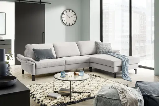 Ecksofa - 3-Sitzer mit Longchair rechts, Relaxfunktion motorisch, Stoff, Hellgrau