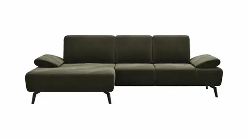 Ecksofa Theodor - Longchair links mit 2-Sitzer, Armlehne/Sitztiefe verstellbar, Stoff, Braungrün