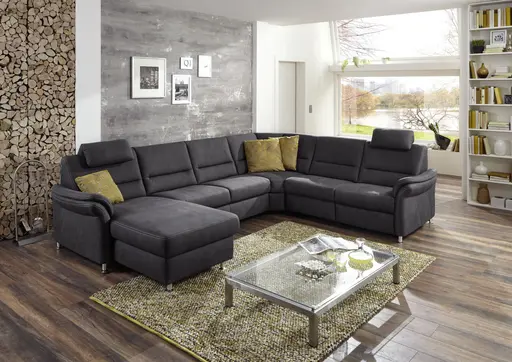 Wohnlandschaft - Longchair links mit 2,5-Sitzer und Ecke rechts inkl. 2 Premiumkopfstützen in Stoff Dunkelgrau