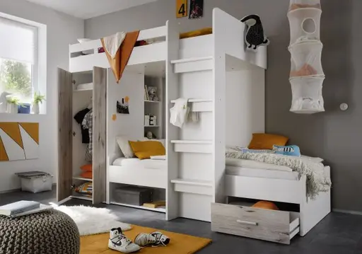 Hochbett- Liegefläche ca. 90x200 cm, Weiß, Sandeiche Dekor