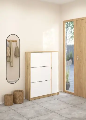 Schuhschrank - B ca. 99 cm, Eiche Struktur Nachbildung, Weiß Hochglanz