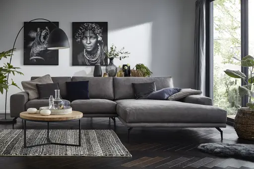 Ecksofa Redington - 2,5-Sitzer mit Longchair groß rechts, Leder, Grau