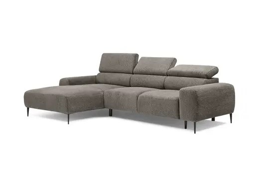 Ecksofa - Longchair links mit 2-Sitzer, Sitzvorzug motorisch, Kopfteil verstellbar, Stoff, Sand