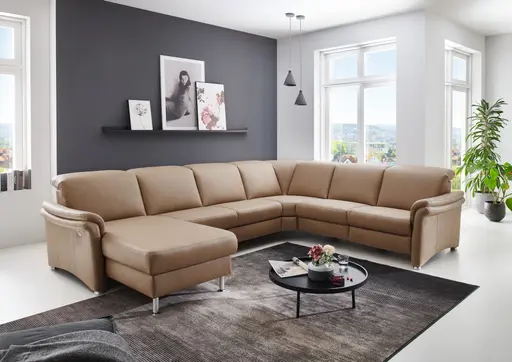 Wohnlandschaft - Longchair links mit 2,5-Sitzer und Ecke rechts, Stoff, Camel