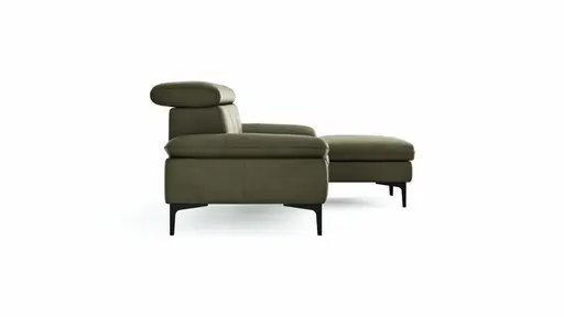 Ecksofa Felipa - 2,5-Sitzer mit Longchair rechts inkl. Kopfteil verstellbar, Leder, Olive
