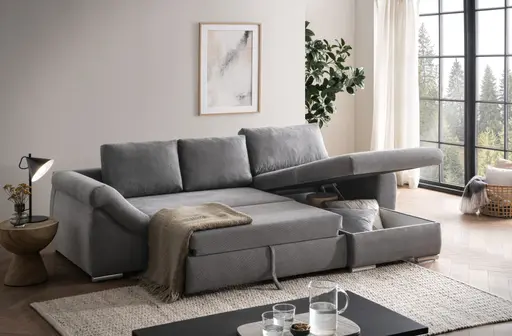 Ecksofa - 2-Sitzer, Ecke rechts inkl. Schlaffunktion mit Bettfunktion, Stoff, Ash