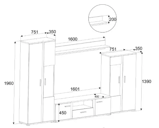 Wohnwand- Eiche  Dekor, Schwarz