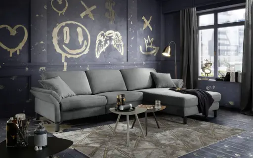 Ecksofa CALM PREMIUM 2.0 - 3-Sitzer mit Longchair rechts, Rückenlehne vertellbar, Stoff, Anthrazit
