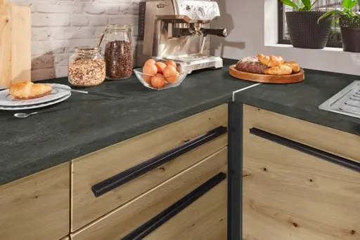 Küchenblock Eck- Inkl. E-Geräte, B ca. 320 cm, Anthrazit, Eiche Dekor