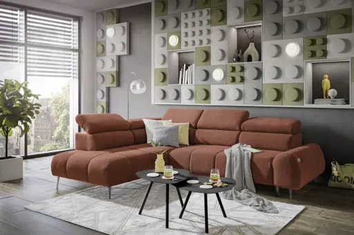 Ecksofa - Ecke links mit 2-Sitzer, Sitzvorzug motorisch, Kopfteil verstellbar, Stoff, Terracotta