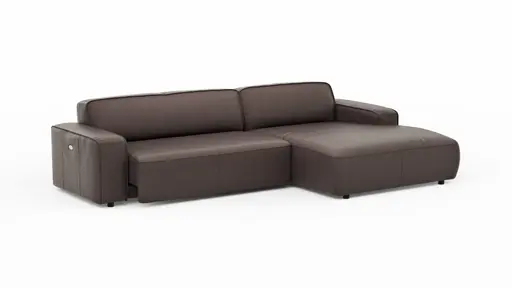 Ecksofa Denver - 2,5-Sitzer mit Longchair rechts, groß, inkl. Sitzvorzug (motorisch), Leder, Mocca