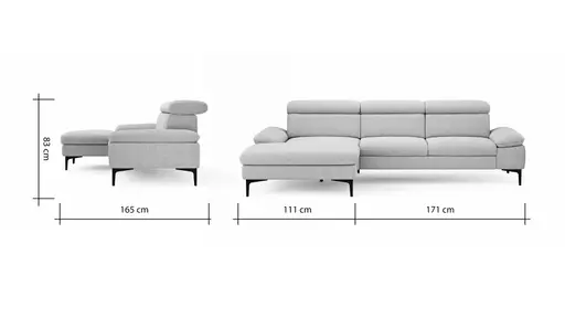 Ecksofa Felipa - Longchair links mit 2,5-Sitzer inkl. Kopfteil verstellbar, Stoff, Grau