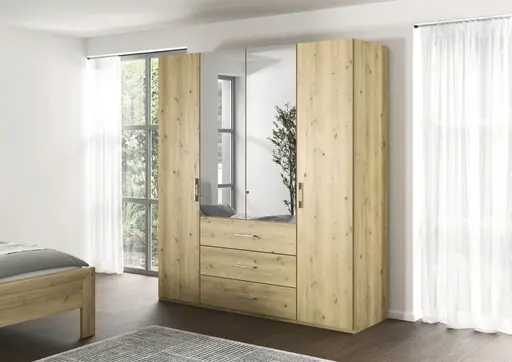 Drehtürenschrank - B. ca. 201 cm, mit Spiegeltüren und 3 Schubkästen, Fronten Asteiche Massiv