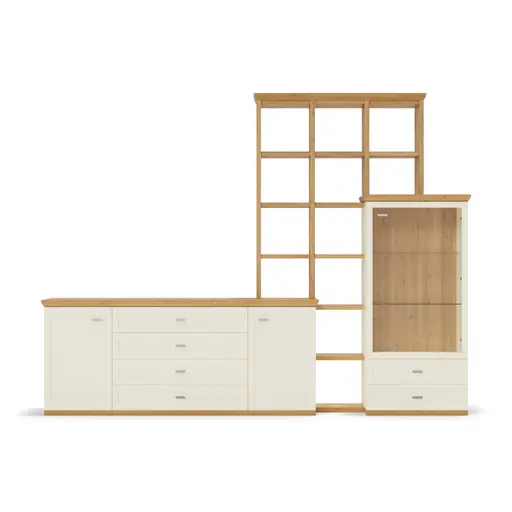 Wohnwand Monda - Lack, hellbeige, Eiche furniert