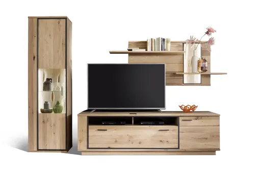 Wohnwand - mit Beleuchtung, Eiche teilmassiv