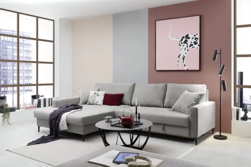 Ecksofa - Longchair links mit 3-Sitzer, Schlaffunktion mit Bettkasten, Stoff, Eisengrau