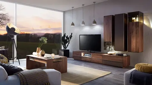 Wohnwand - mit Beleuchtung, Nussbaum massiv