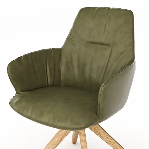 Armlehnstuhl Pegara - Leder, Moos, Beine, Eiche massiv