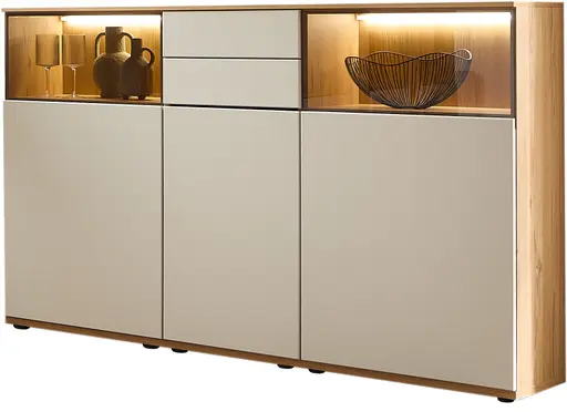 Highboard mit Beleuchtung - Risseiche, Sandbeige