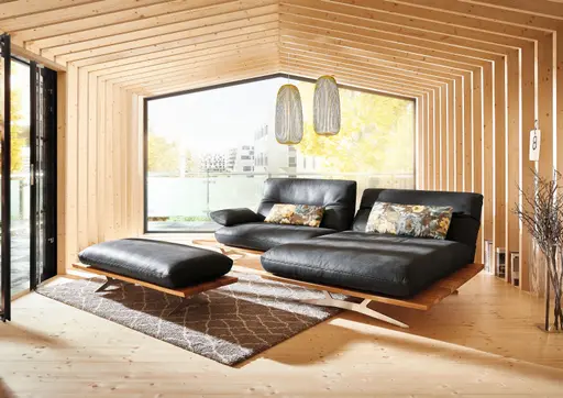 Ecksofa - 1-Sitzer mit Longchair rechts, Rücken/Armlehne/Sitztiefe verstellbar, Leder, Schwarz