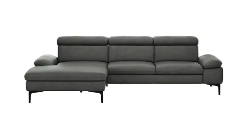 Ecksofa Felipa - Longchair links mit 2,5-Sitzer inkl. Kopfteil verstellbar, Leder, Grau