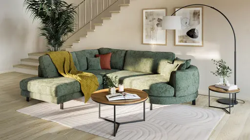 Ecksofa Solenne - Ottomane links mit Diwan rund rechts, Stoff, Olive