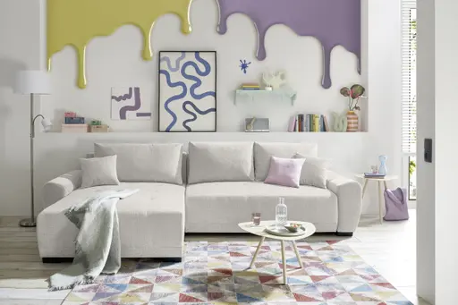 Ecksofa - Longchair links mit 2-Sitzer, Schlaffunktion mit Bettkasten, Stoff, Creme