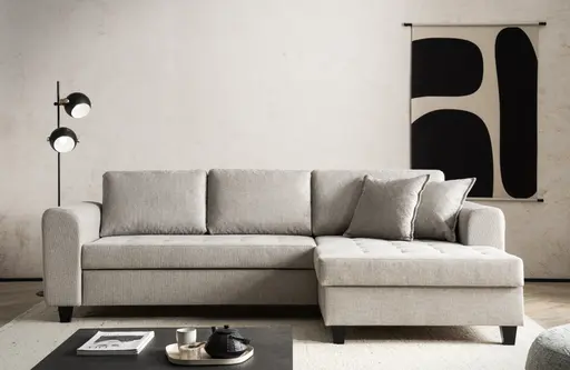 Ecksofa - 2-Sitzer, Ecke rechts inkl. Schlaffunktion mit Bettkasten, Stoff, Steingrau