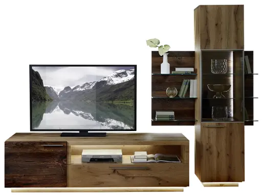 Wohnwand - mit Beleuchtung, Alteiche Furnier, Akzent Alm-Altholz