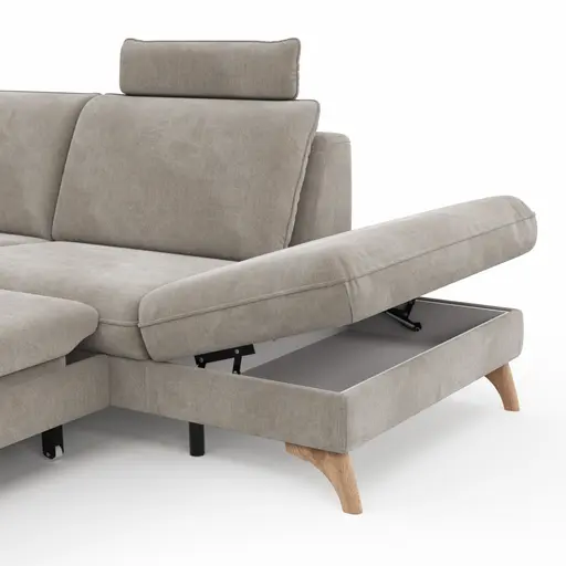 Ecksofa Tulsa KS - 2,5-Sitzer, Spitzecke und 1,5-Sitzer mit Anstellhocker aufklappbar rechts, inkl. Kopfstütze, AL verstellbar und Schlaffunktion, Stoff, Graubeige