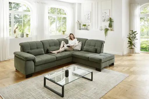 Ecksofa - 3-Sitzer mit Ecke rechts, Kopfteil verstellbar, Stoff, Moos