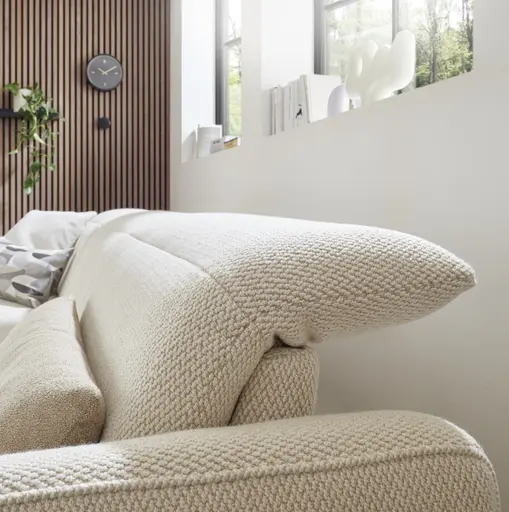 Ecksofa EM Miramar - Longchair links mit 3-Sitzer, Kopfteil/Sitztiefe verstellbar, Stoff, beige