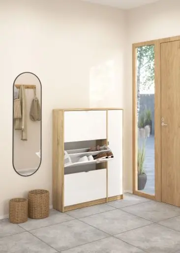 Schuhschrank - B ca. 99 cm, Eiche Struktur Nachbildung, Weiß Hochglanz