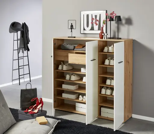 Schuhschrank - B ca. 135 cm, Artisan Eiche Nachbildung, Weiß