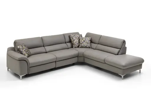 Ecksofa - 2,5-Sitzer mit Ecke rechts, Kopfteil verstellbar, Leder, Granit