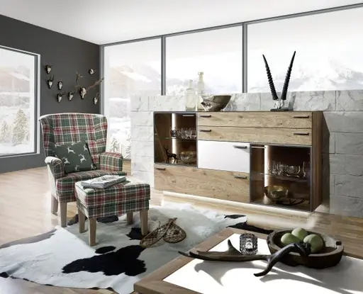 Sideboard - mit Beleuchtung, Kernasteiche Furnier, Akzent Satinglas Weiß