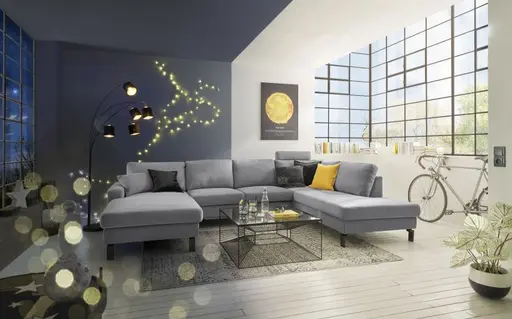 Wohnlandschaft CALM - Longchair links, 2-Sitzer, Ecke rechts, Microfaser, Grau