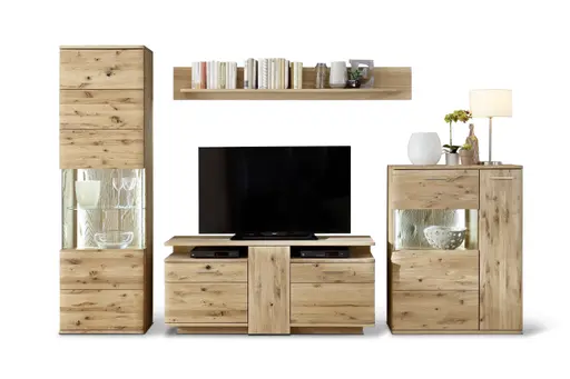 Wohnwand - mit Beleuchtung, Eiche teilmassiv