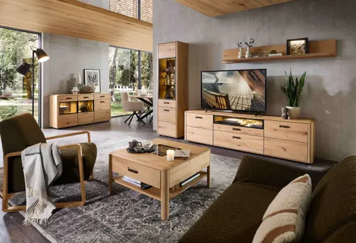 Wohnwand - mit Beleuchtung, Wildeiche massiv