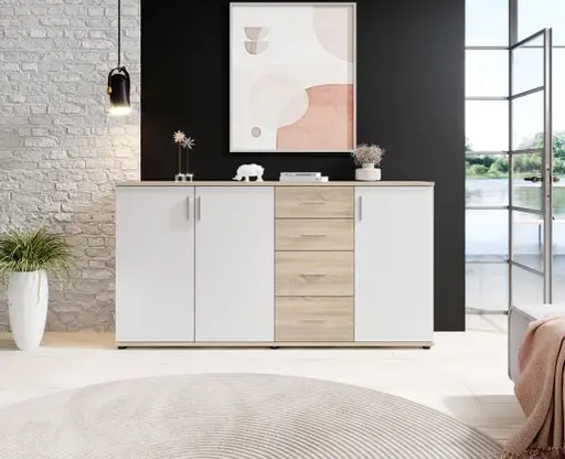 Kommode - B ca. 160 cm, Sonoma Eiche Nachbildung, Weiß