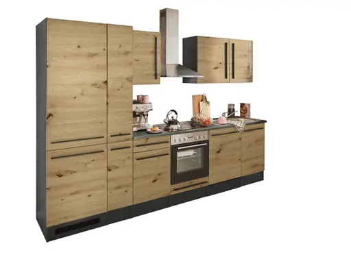 Küchenblock- Inkl. E-Geräte, B ca. 310 cm, Anthrazit, Eiche Dekor