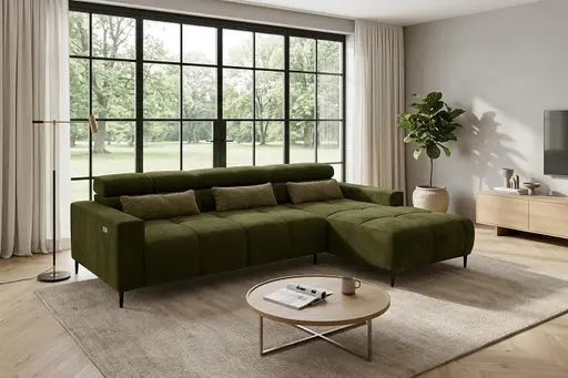 Ecksofa - 2-Sitzer mit Longchair rechts, Sitztiefe verstellbar motorisch/Kopfteil verstellbar, Stoff, Dunkelgrün