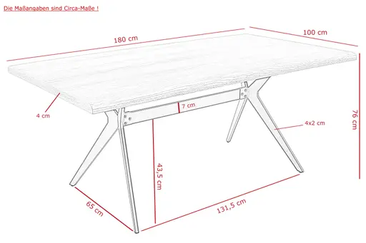 Esstisch - LB ca. 180x100 cm, Eiche furniert, abgerundete Kante, Schwarz