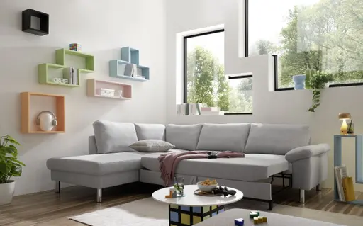 Ecksofa COOL - Ecke links mit 2,5-Sitzer, Querschläfer, Stoff, Hellgrau