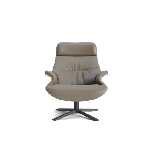 Relaxsessel Avina - Drehbar inkl. Rücken und Kopfteilverstellung, Leder, Taupe, Holzschale Eiche unbehandelt