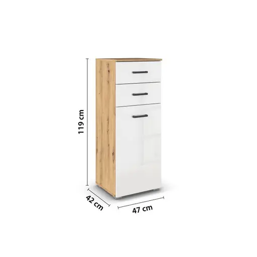 Kommode RHONDA- Eiche Dekor, Weiß, Hochglanz