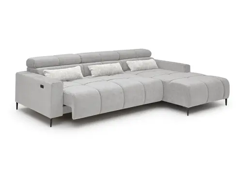 Ecksofa - 2-Sitzer mit Longchair rechts, Sitztiefe verstellbar motorisch/Kopfteil verstellbar, Stoff, Silbergrau