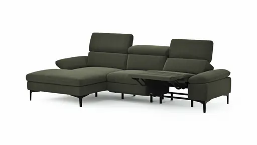 Ecksofa Felipa - Longchair links mit 2,5-Sitzer inkl. Armlehne verstellbar und Rückenlehne/Sitztiefe verstellbar (motorisch), Stoff, Dunkelgrün